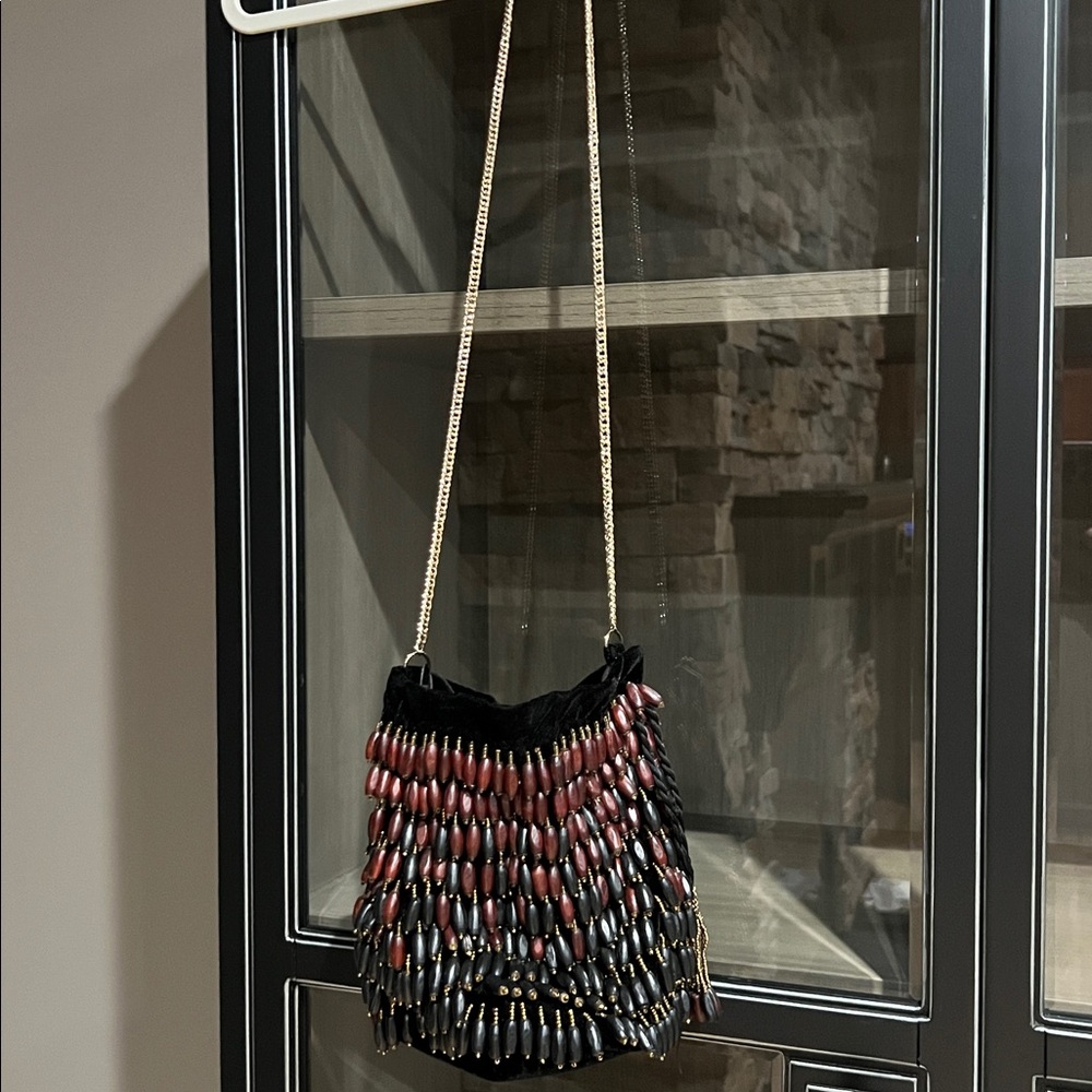 Zara Black Velvet Bag with Beads & Gold Chain Strap Handle